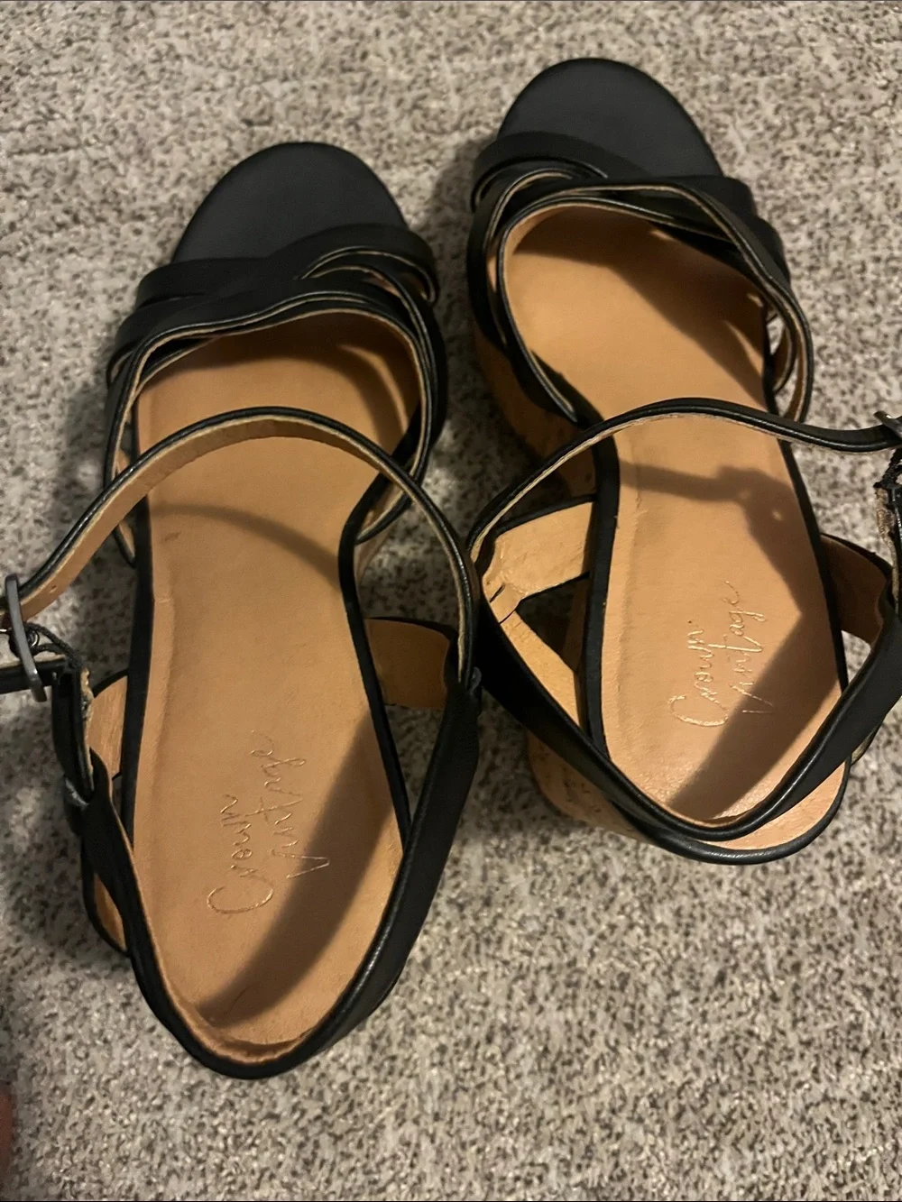 Crown Vintage Black Leather Cork Platform Wedge Strappy Sandals